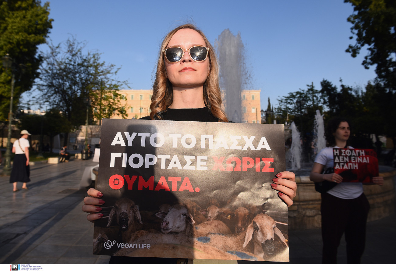Διαμαρτυρία από vegans στο Σύνταγμα κατά της σφαγής αρνιών το Πάσχα - «Ου φονεύσεις»
