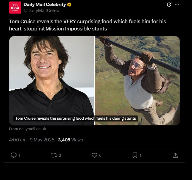 Tom Cruise: Αποκαλύπτει για την διατροφή της - «Τρώω σχεδόν 12 αυγά πριν τα stunts»