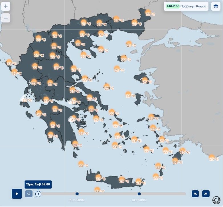 εικόνα που δείχνει χάρτη της ΕΜΥ με τις μέσες θερμοκρασίες για σήμερα Σάββατο