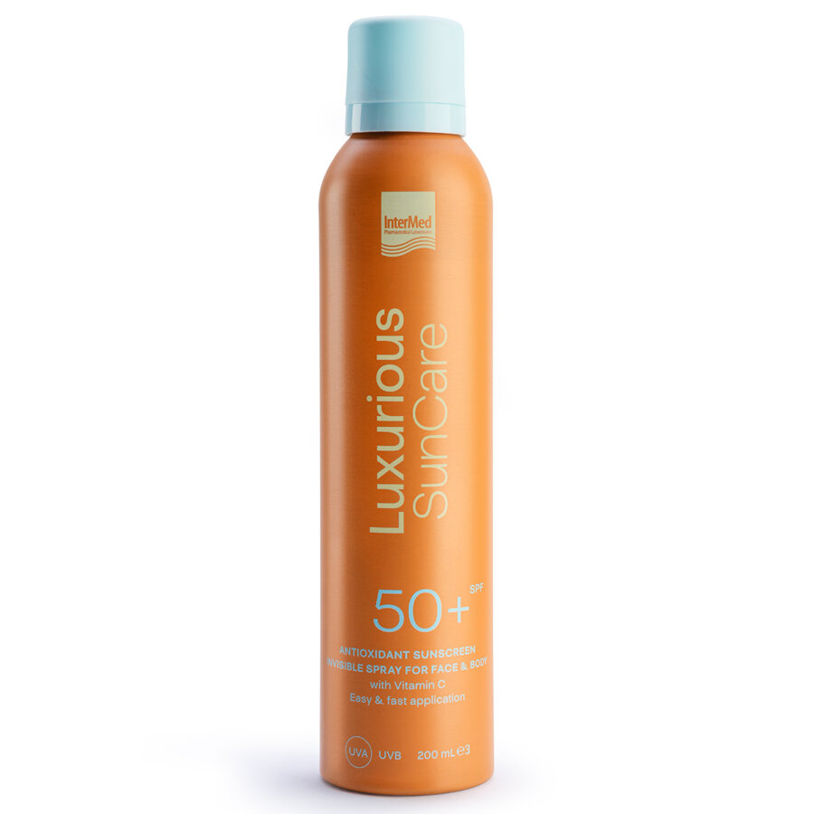 Συσκευασία του προϊόντος Luxurious SunCare Antioxidant Sunscreen Invisible Spray SPF 50 της InterMed.