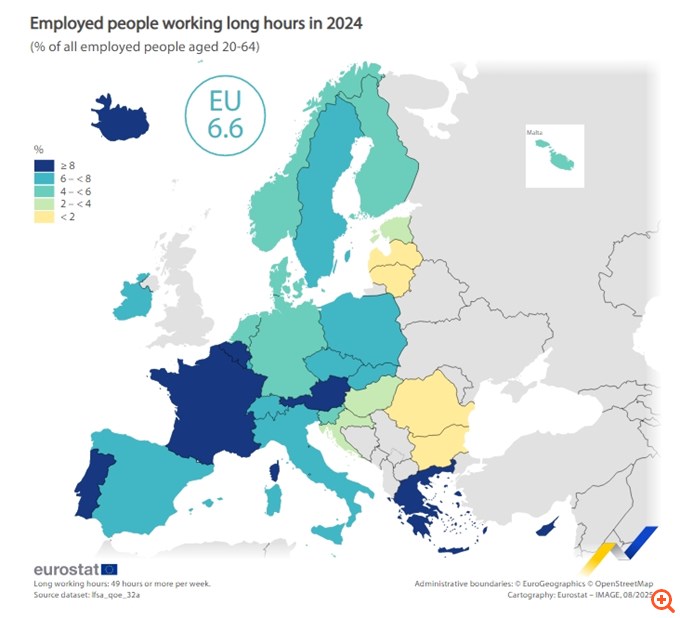 Eurostat: Οι Έλληνες δούλεψαν περισσότερο στην Ε.Ε. το 2024