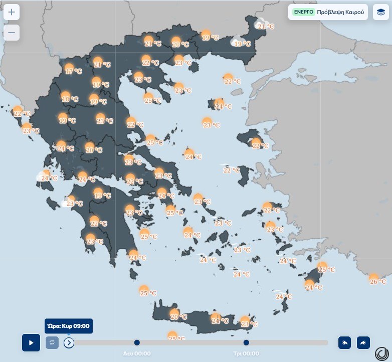 εικόνα που δείχνει χάρτη της ΕΜΥ με τις μέσες θερμοκρασίες για την Κυριακή