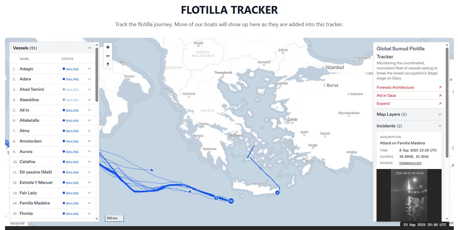 Global Sumud Flotilla: Το ελληνικό καράβι «Οξυγόνο» εν πλω για τη Γάζα - Ζωντανά η πορεία του στόλου Flotilla