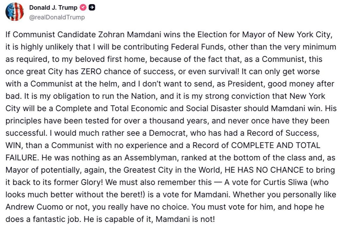 Ο Τραμπ απειλεί να κόψει τα κονδύλια για τη Νέα Υόρκη αν κερδίσει ο Μαμντάνι