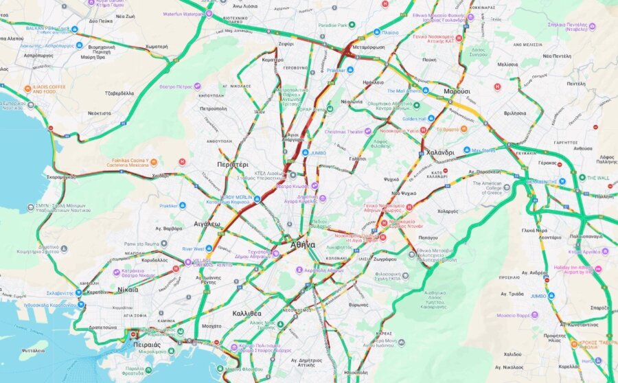 Κίνηση: Στο «κόκκινο» οι δρόμοι στην Αθήνα - Σημειωτόν στον Κηφισό, μεγάλες καθυστερήσεις στην Αττική Οδό
