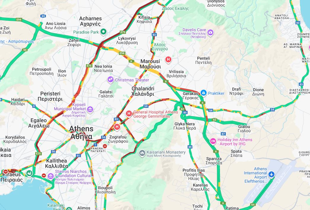 Η κίνηση στους δρόμους – Στο κόκκινο ο Κηφισός, συμφόρηση σε Κατεχάκη και Κηφισίας
