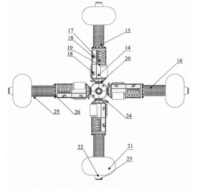 Τα σχέδια της πατέντας δείχνουν έναν περιστρεφόμενο διαστημικό σταθμό σε σχήμα σταυρού (Energia)