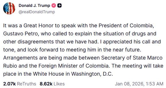 Ντόναλντ Τραμπ και Γκουστάβο Πέτρο συνομίλησαν λίγες μέρες μετά τις επιθέσεις στη Βενεζουέλα