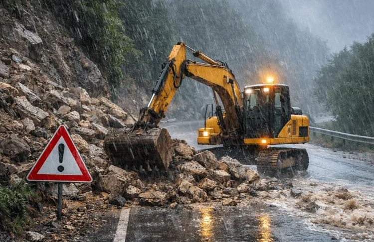 εικόνα που δείχνει μηχάνημα δήμου στην Ήπείρο επιχειρεί σε κατολίσθηση