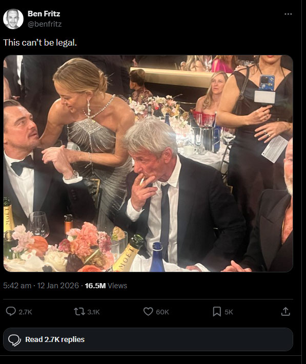 Σάλος στις Χρυσές Σφαίρες: Ο Sean Penn «πιάστηκε» να καπνίζει μέσα στην αίθουσα