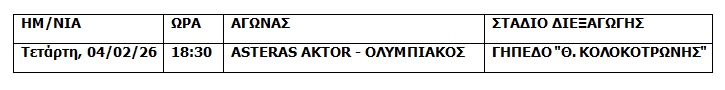 Στις 4/2 το Αστέρας Τρίπολης – Ολυμπιακός