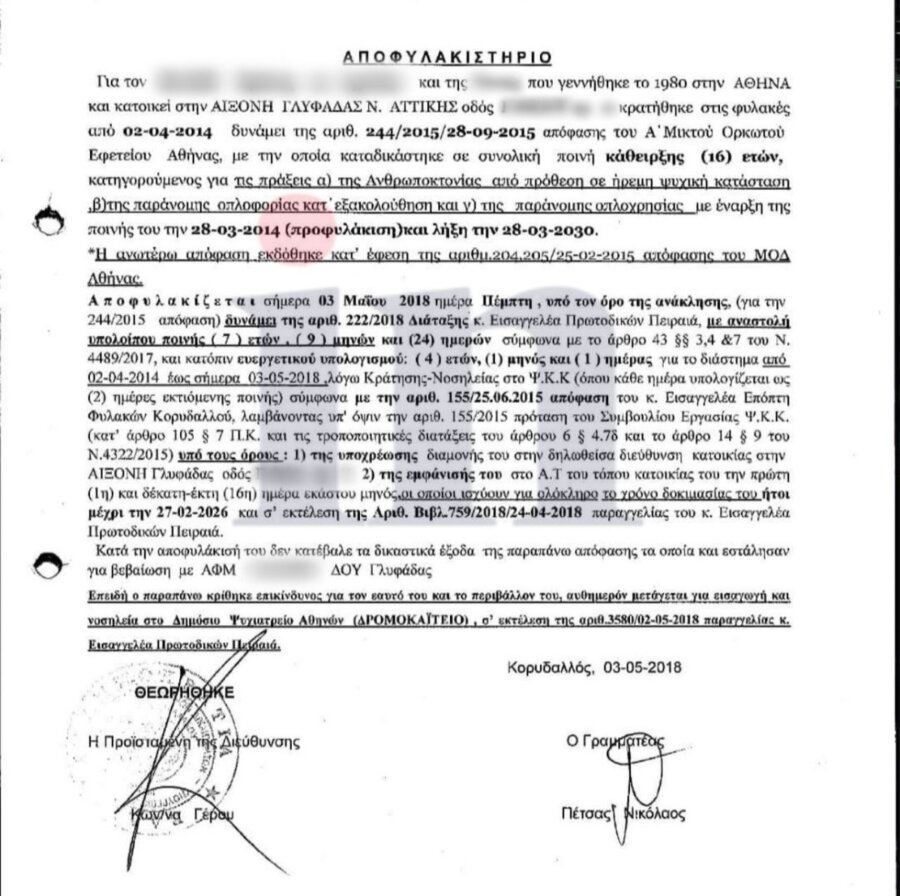 Γλυφάδα: «Επικίνδυνος για τον εαυτό του και το περιβάλλον του» - Τι λέει το αποφυλακιστήριο του 46χρονου