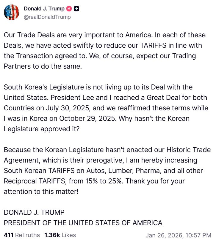 Ο Τραμπ ανακοίνωσε πως οι ΗΠΑ προχωρούν σε στοχευμένους δασμούς στη Νότια Κορέα