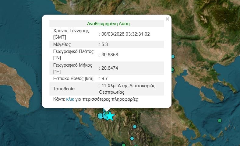 Ισχυρός σεισμός 5,3 Ρίχτερ στην Λεπτοκαρυά Θεσπρωτίας και μετασεισμός 4,7