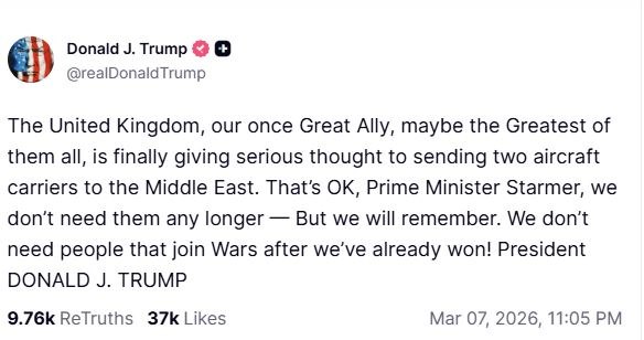 Τραμπ: Τα βάζει ξανά με την Βρετανία - «Δεν σας χρειαζόμαστε για να κερδίσουμε τον πόλεμο με το Ιράν»