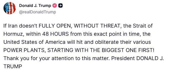 Ο Τραμπ έδωσε διορία στο Ιράν να ανοίξει τα Στενά του Ορμούζ ή θα χτυπήσει εργοστάσια παραγωγής ενέργειας