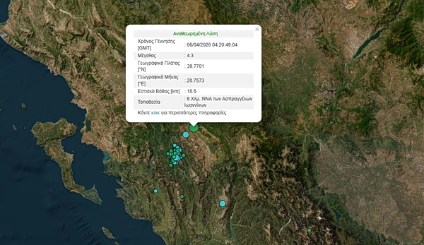 Σεισμός 4,3 Ρίχτερ στα Ιωάννινα