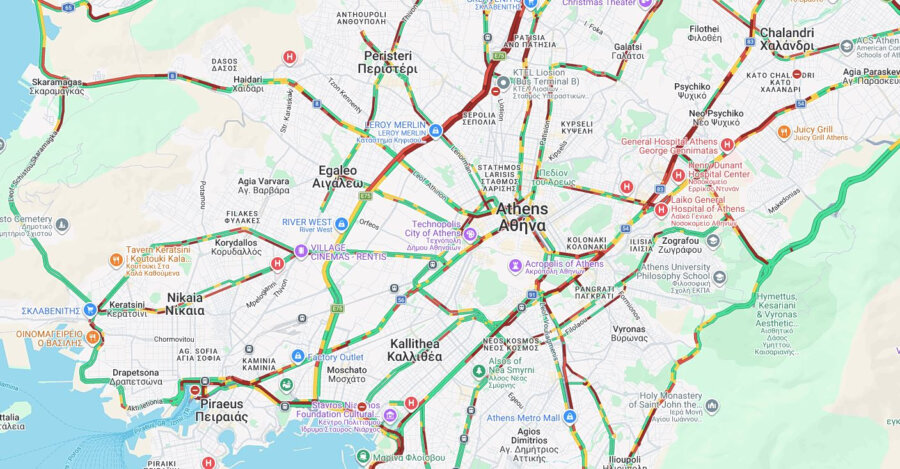 Κίνηση στους δρόμους: Στο «κόκκινο» στην Αττική – Επιδεινώνει την κατάσταση η βροχή