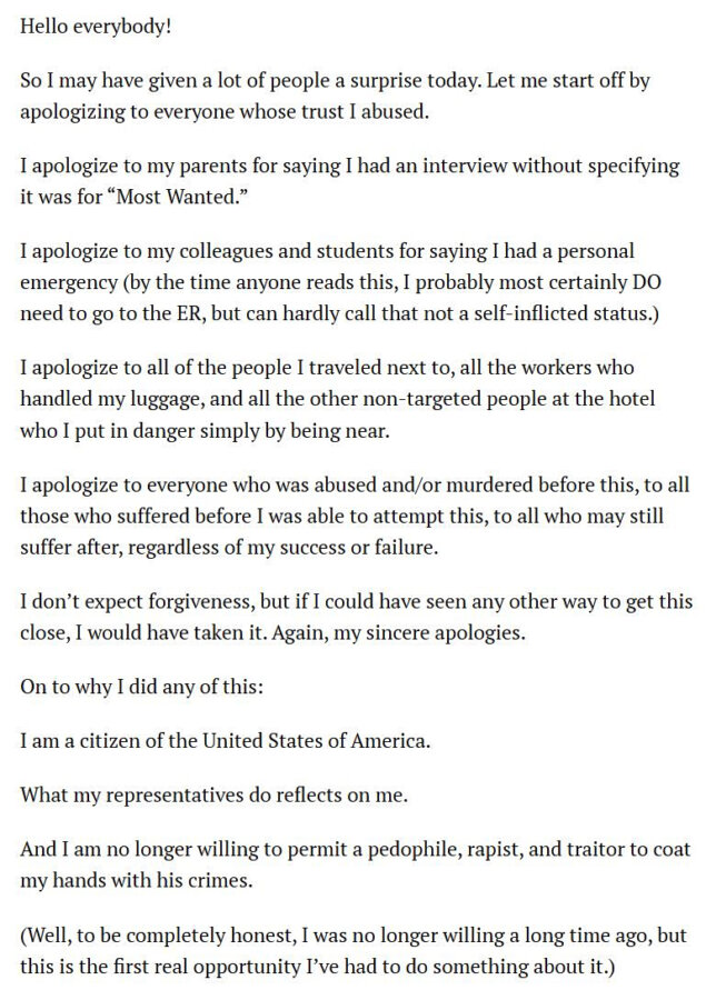 Το μανιφέστο του δράστη της επίθεσης στο δείπνο των Ανταποκριτών - Τι έγραψε για τον Τραμπ