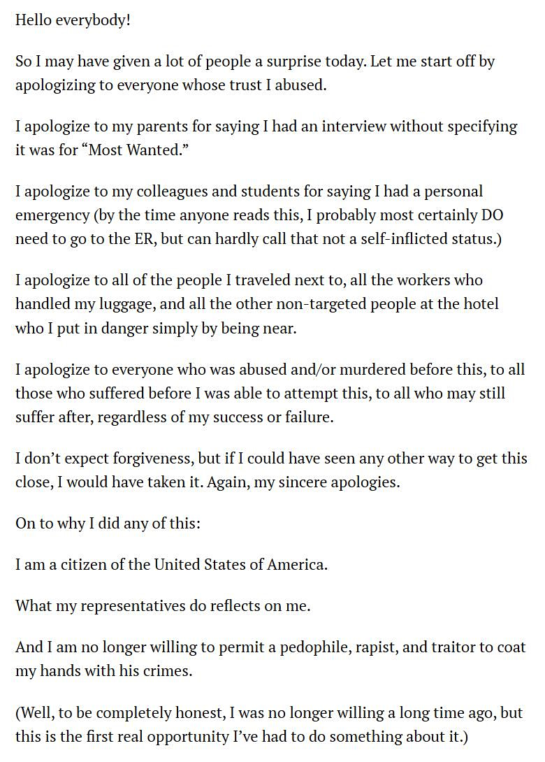 Το μανιφέστο του δράστη της επίθεσης στο δείπνο των Ανταποκριτών - Τι έγραψε για τον Τραμπ