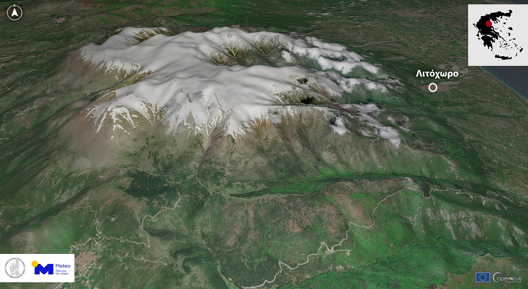 Ο χιονισμένος Όλυμπος με τα «μάτια» του δορυφόρου Sentinel-2