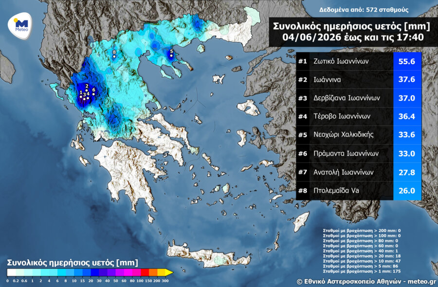 Καιρός: Έντονα καιρικά φαινόμενα σε Ήπειρο και Μακεδονία - Πού καταγράφηκαν τα μεγαλύτερα ύψη βροχής