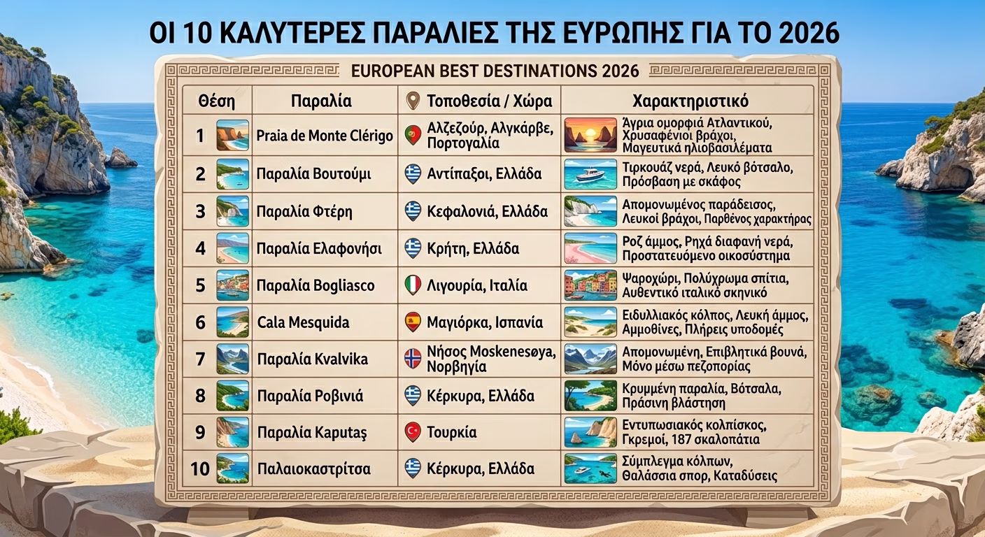 Η Ελλάδα «σαρώνει» στα European Best Destinations 2026: Πέντε ελληνικές παραλίες στο Top 10