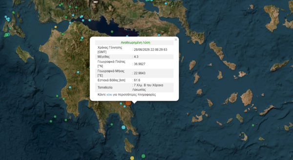 Σεισμός 4,3 ρίχτερ έγινε αισθητός σε πολλές περιοχές της Πελοποννήσου