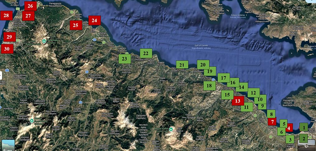 Θέσεις δειγματοληψίας θαλασσινού νερού σε παραλίες της Κορίνθου μέχρι την Πάτρα