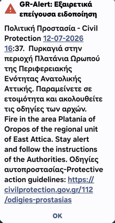 Φωτιά στον Ωρωπό - Εστάλη μήνυμα από το 112