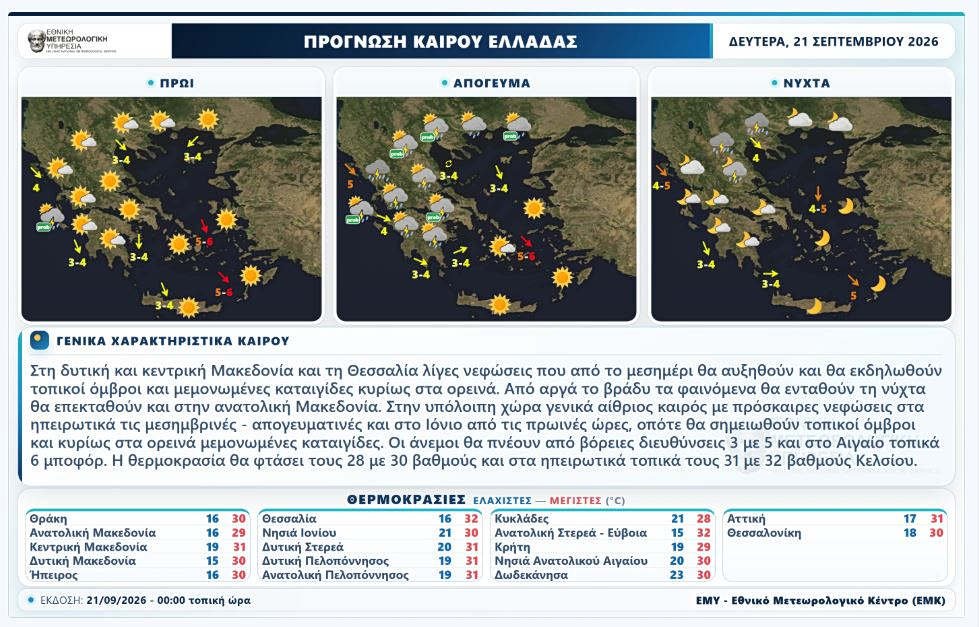 Καιρός: Νεφώσεις με βροχές και μεμονωμένες καταιγίδες κυρίως στα ορεινά